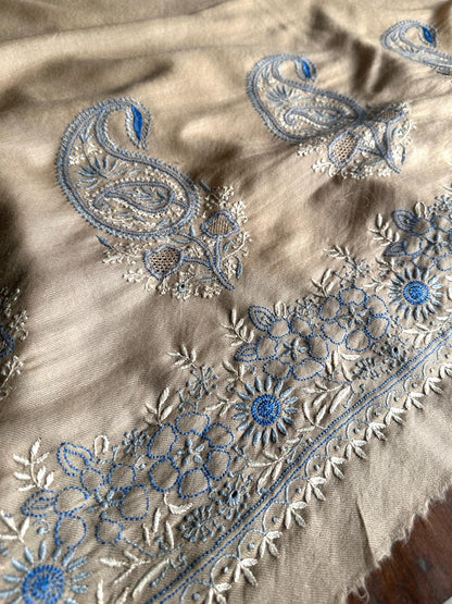 Beige & Blue Shade Saman Pashmina Fine Chikankari Shawl
