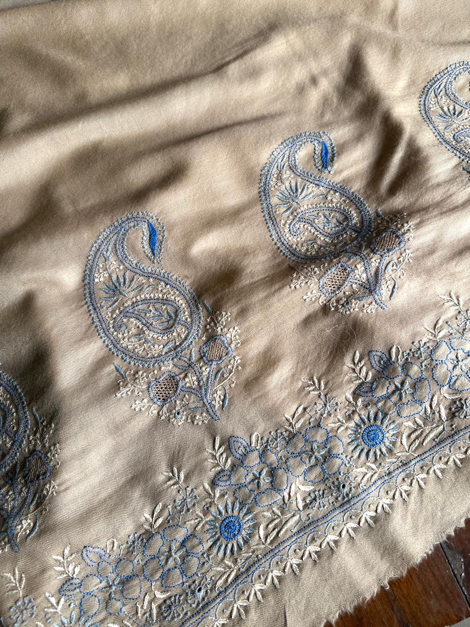 Beige & Blue Shade Saman Pashmina Fine Chikankari Shawl