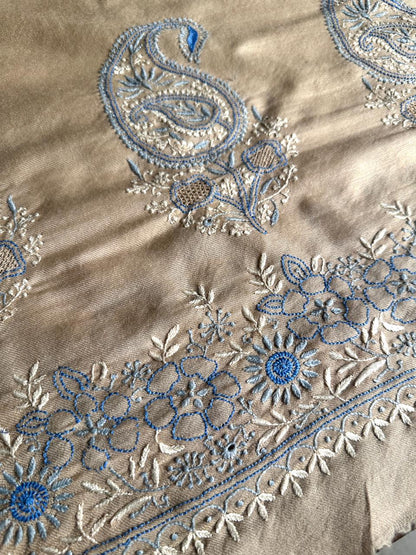 Beige & Blue Shade Saman Pashmina Fine Chikankari Shawl