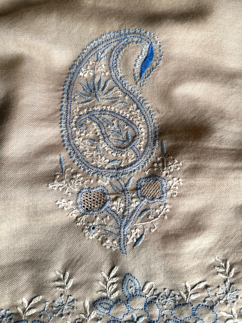 Beige & Blue Shade Saman Pashmina Fine Chikankari Shawl