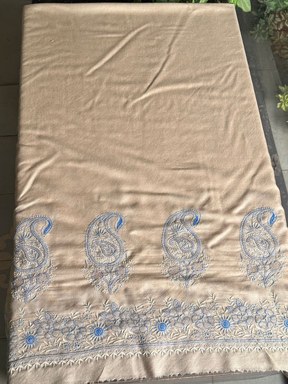Beige & Blue Shade Saman Pashmina Fine Chikankari Shawl