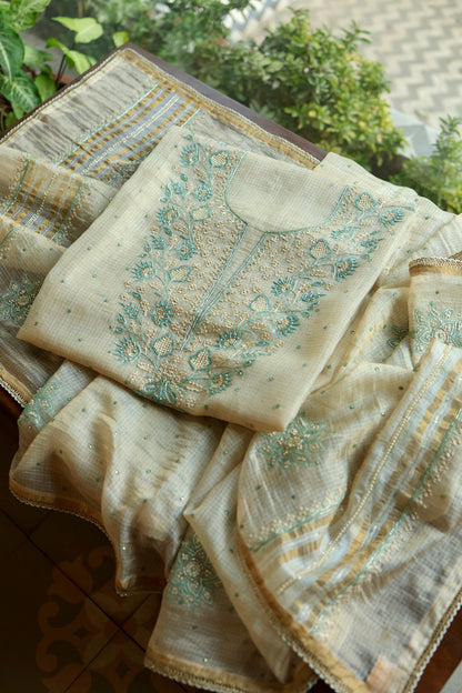 Beige & Blue Tissue Kota Chikankari Unstitched Fabric