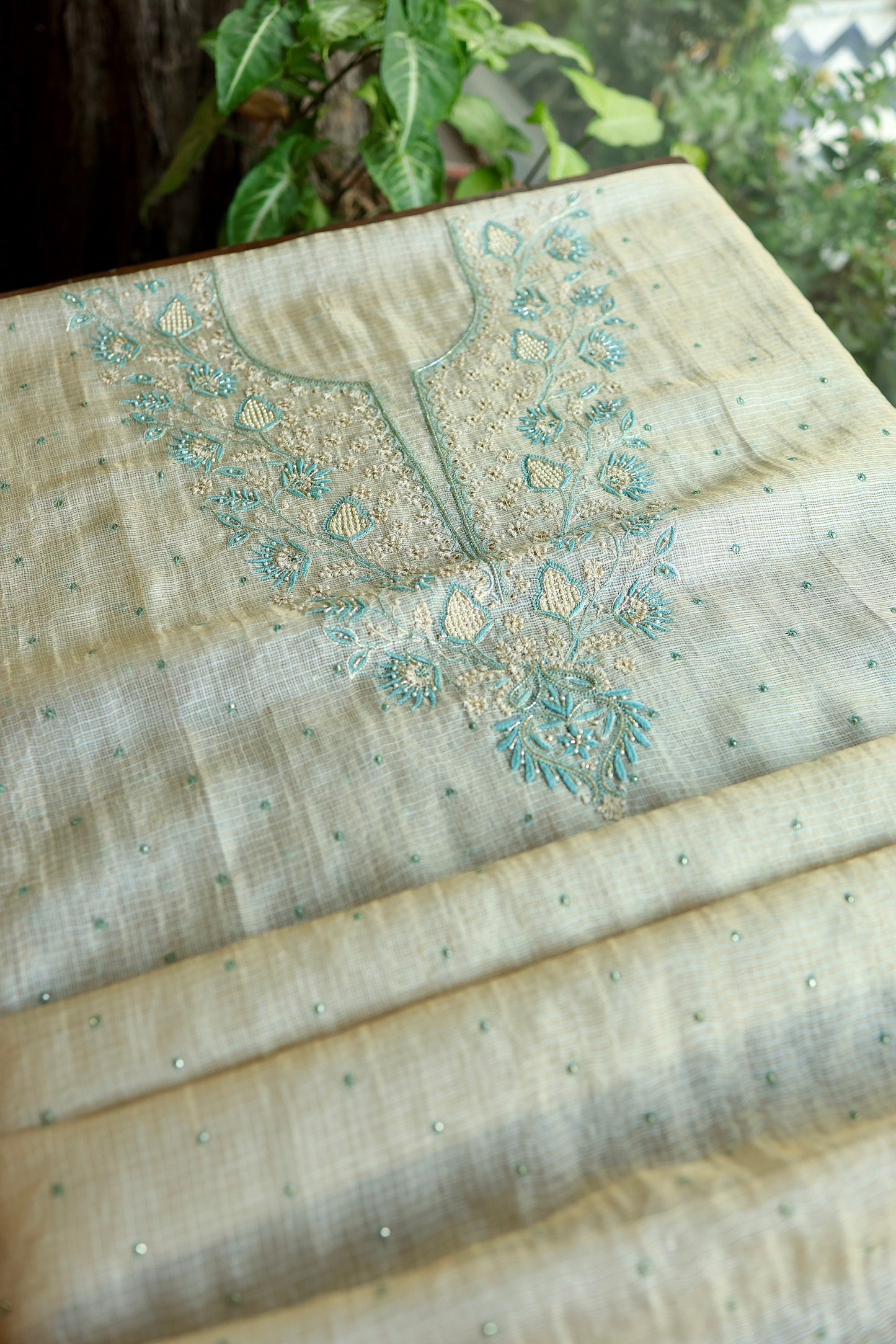 Beige & Blue Tissue Kota Chikankari Unstitched Fabric