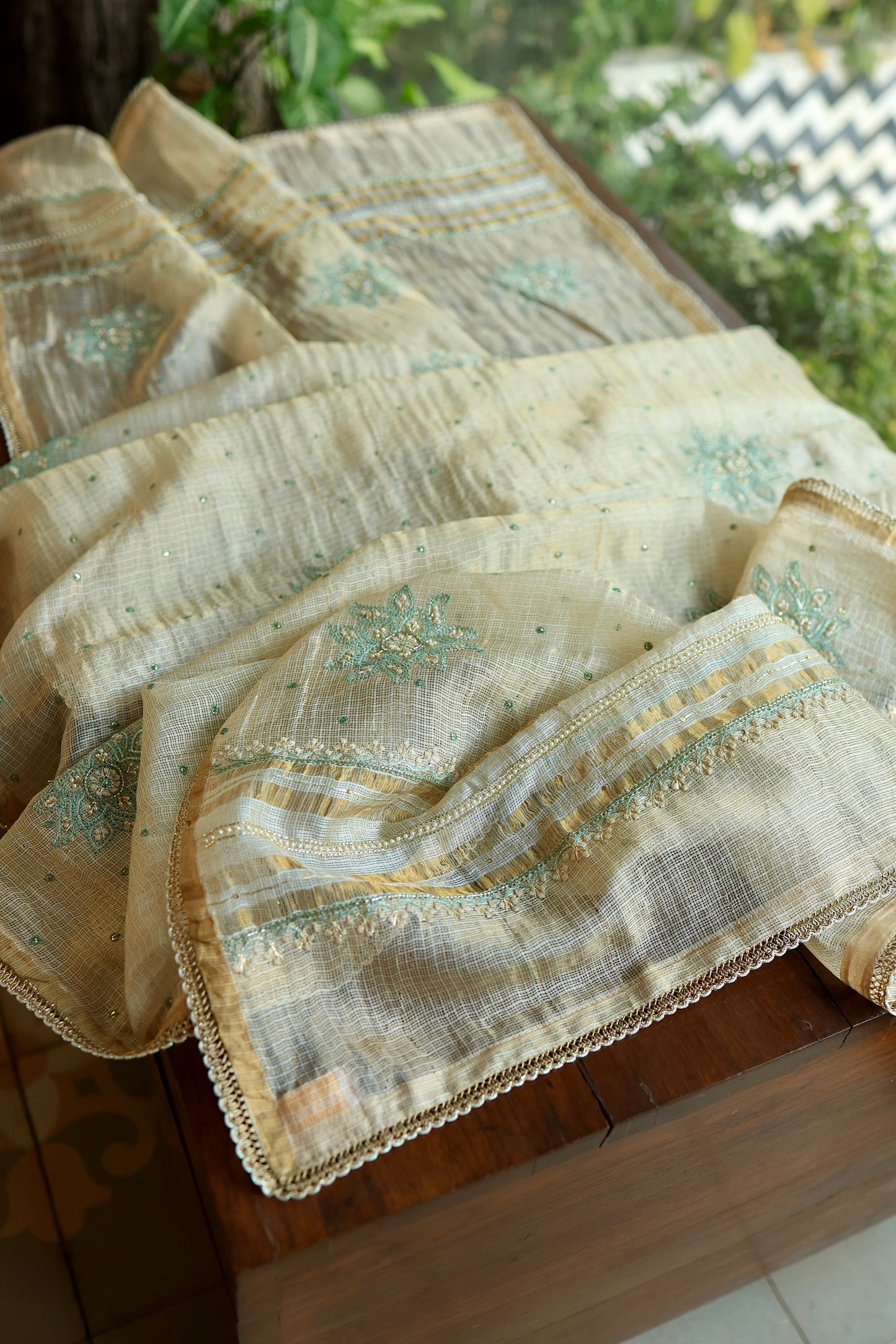 Beige & Blue Tissue Kota Chikankari Unstitched Fabric