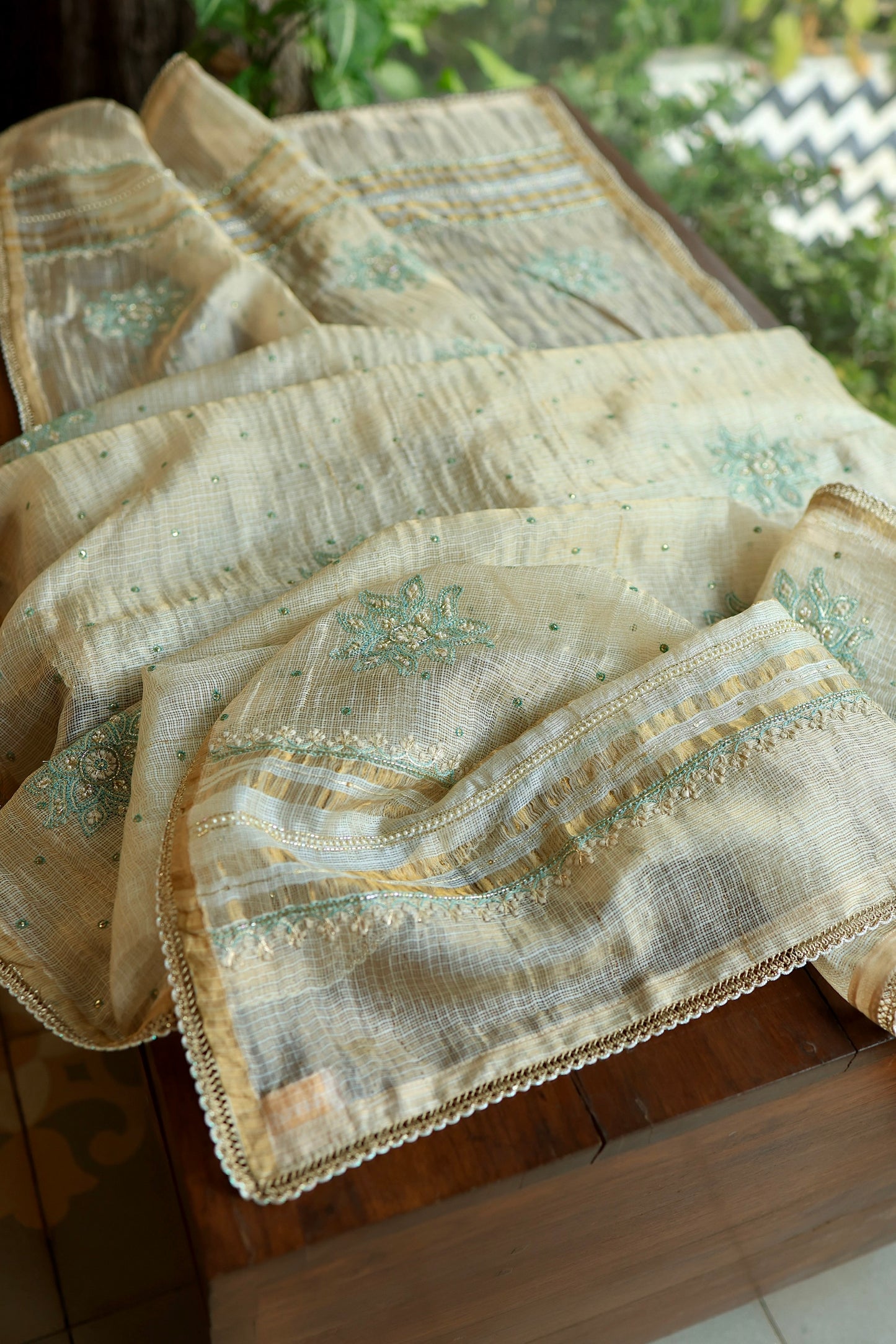 Beige & Blue Tissue Kota Chikankari Unstitched Fabric