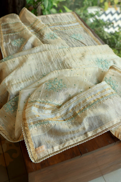 Beige & Blue Tissue Kota Chikankari Unstitched Fabric