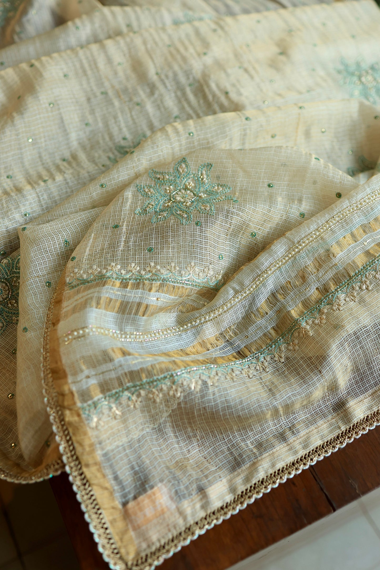 Beige & Blue Tissue Kota Chikankari Unstitched Fabric