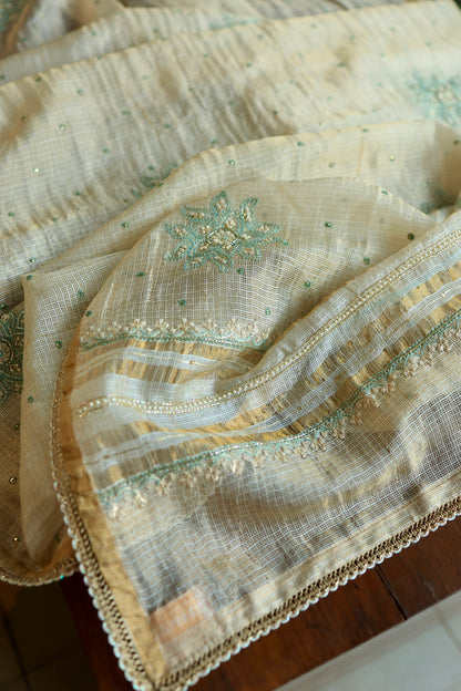 Beige & Blue Tissue Kota Chikankari Unstitched Fabric