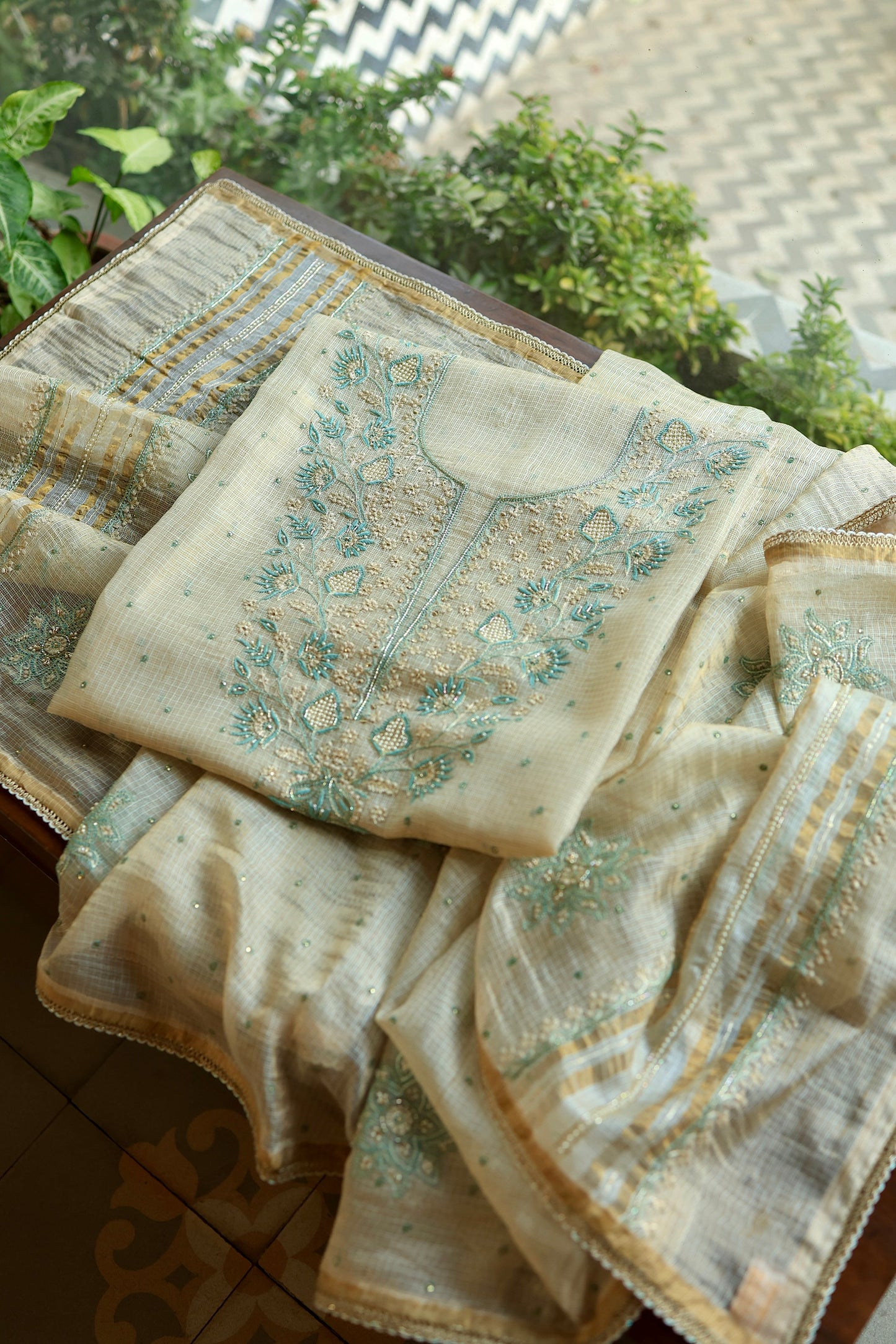 Beige & Blue Tissue Kota Chikankari Unstitched Fabric