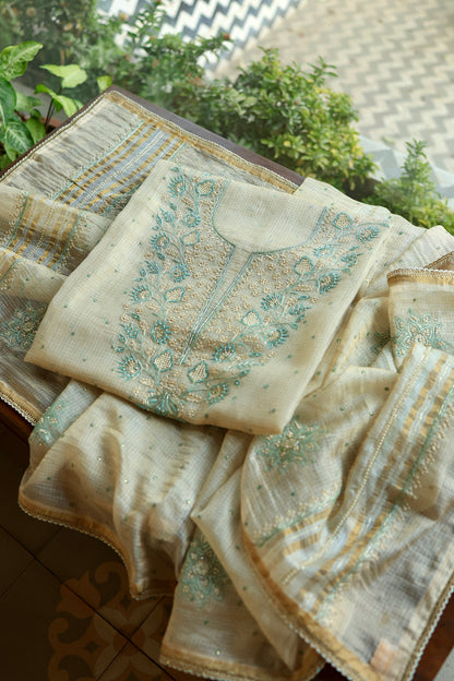 Beige & Blue Tissue Kota Chikankari Unstitched Fabric