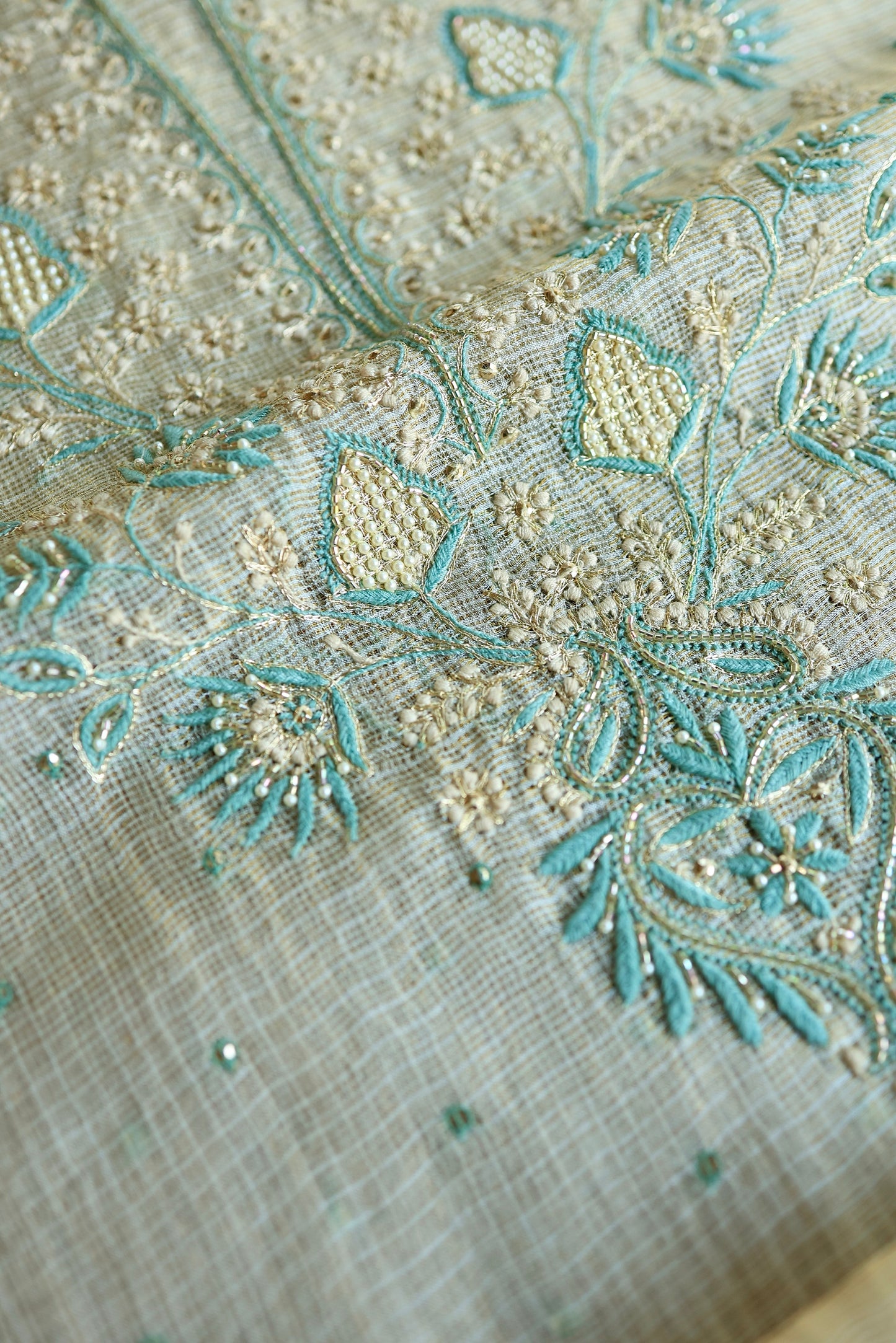 Beige & Blue Tissue Kota Chikankari Unstitched Fabric