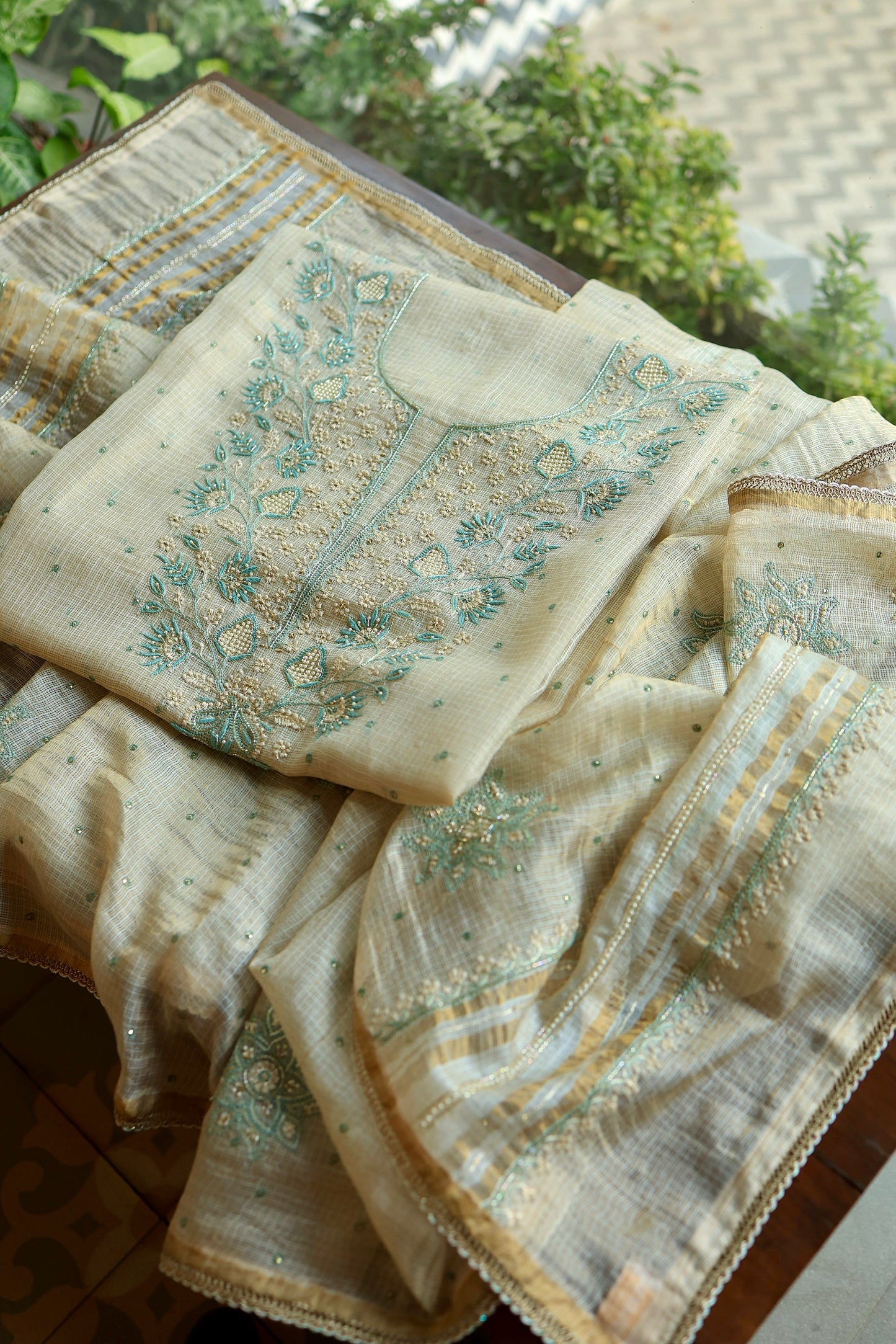 Beige & Blue Tissue Kota Chikankari Unstitched Fabric