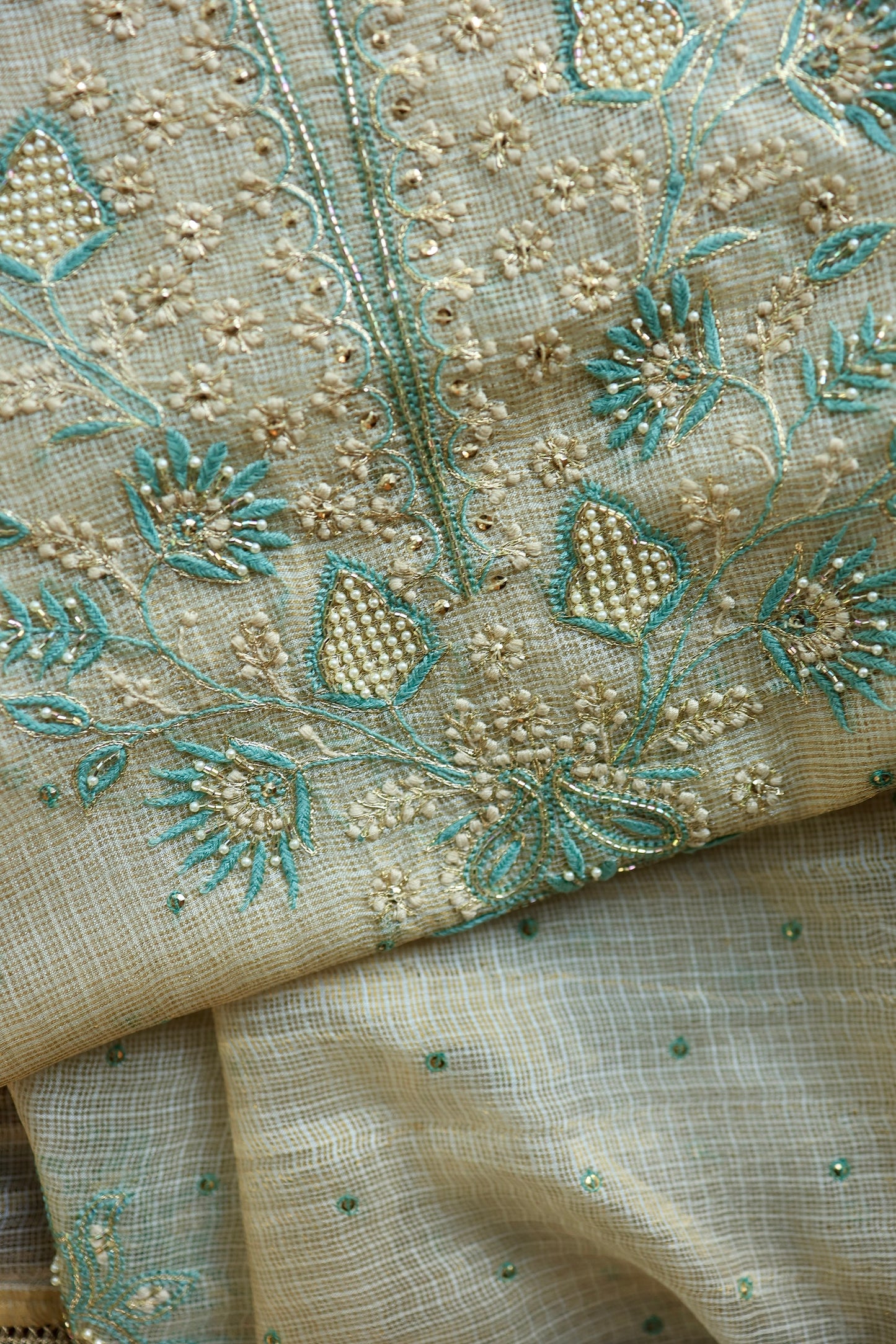 Beige & Blue Tissue Kota Chikankari Unstitched Fabric