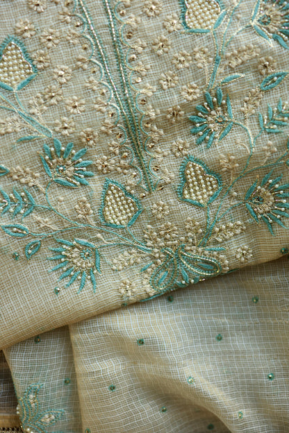 Beige & Blue Tissue Kota Chikankari Unstitched Fabric