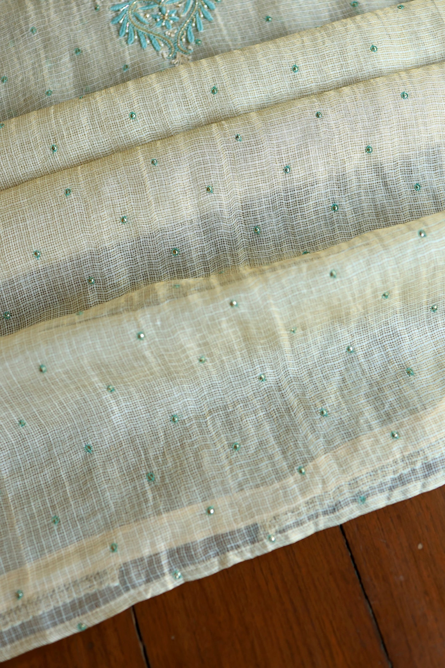 Beige & Blue Tissue Kota Chikankari Unstitched Fabric