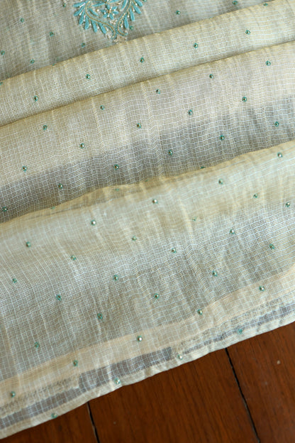 Beige & Blue Tissue Kota Chikankari Unstitched Fabric