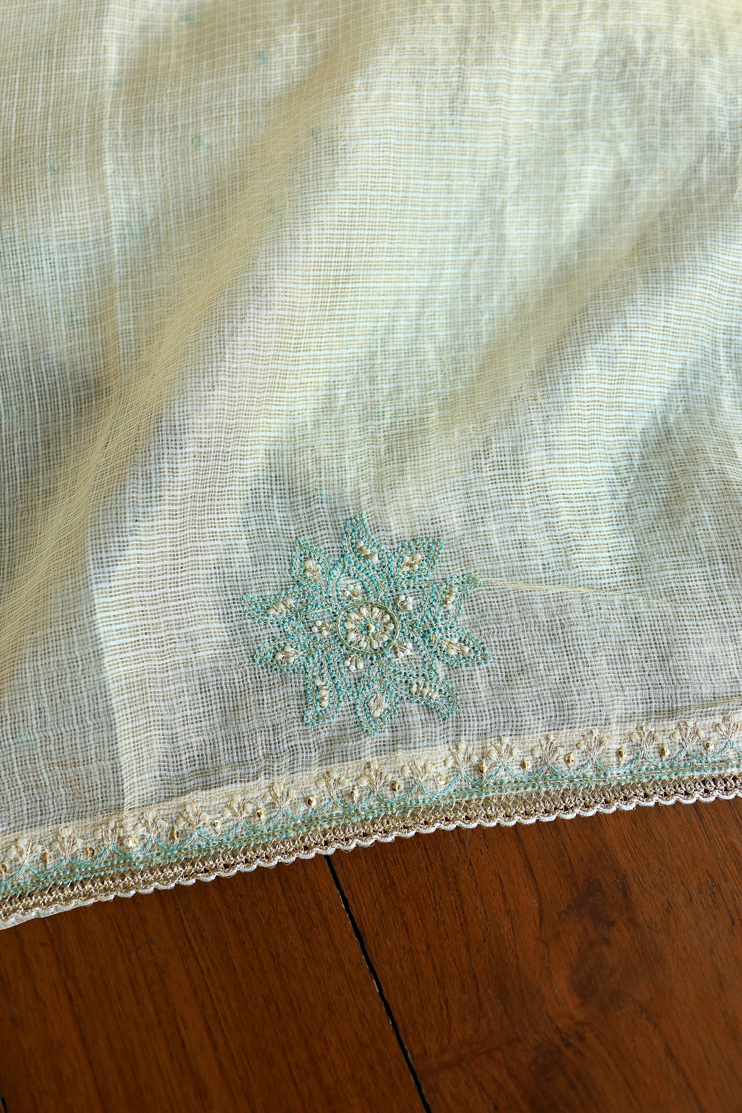 Beige & Blue Tissue Kota Chikankari Unstitched Fabric