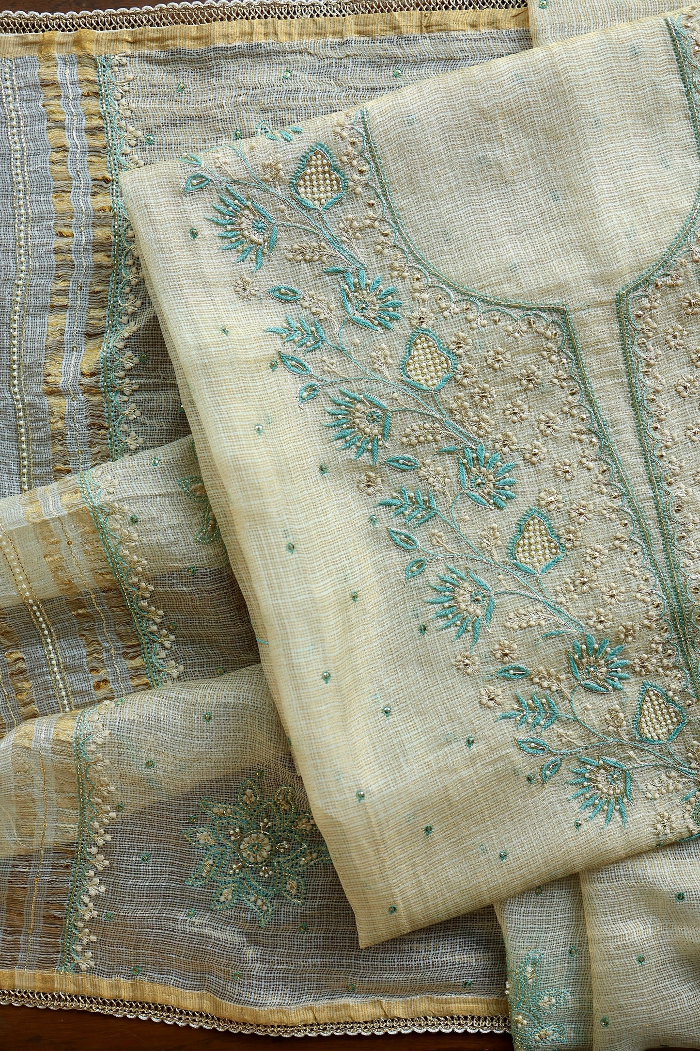 Beige & Blue Tissue Kota Chikankari Unstitched Fabric