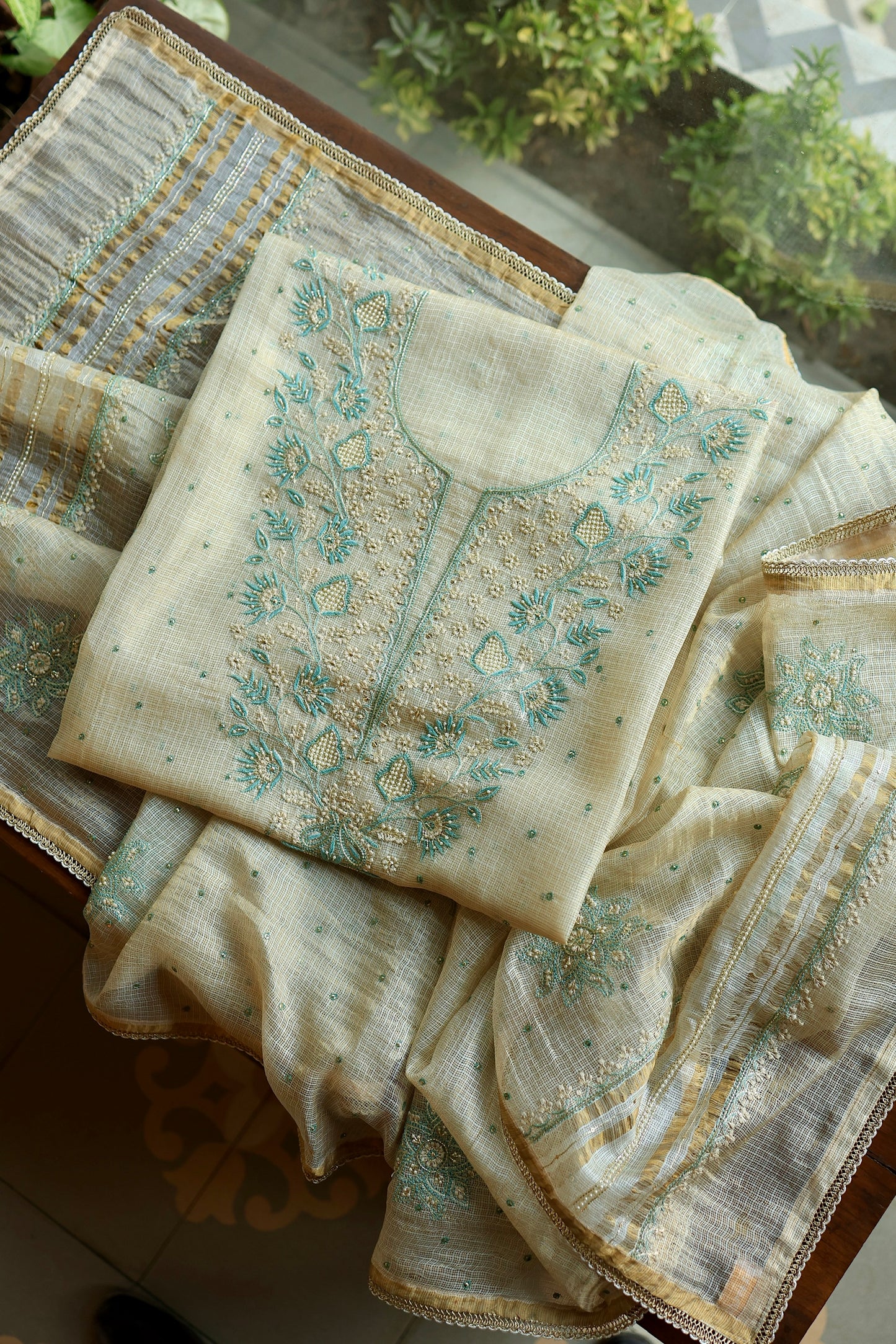 Beige & Blue Tissue Kota Chikankari Unstitched Fabric