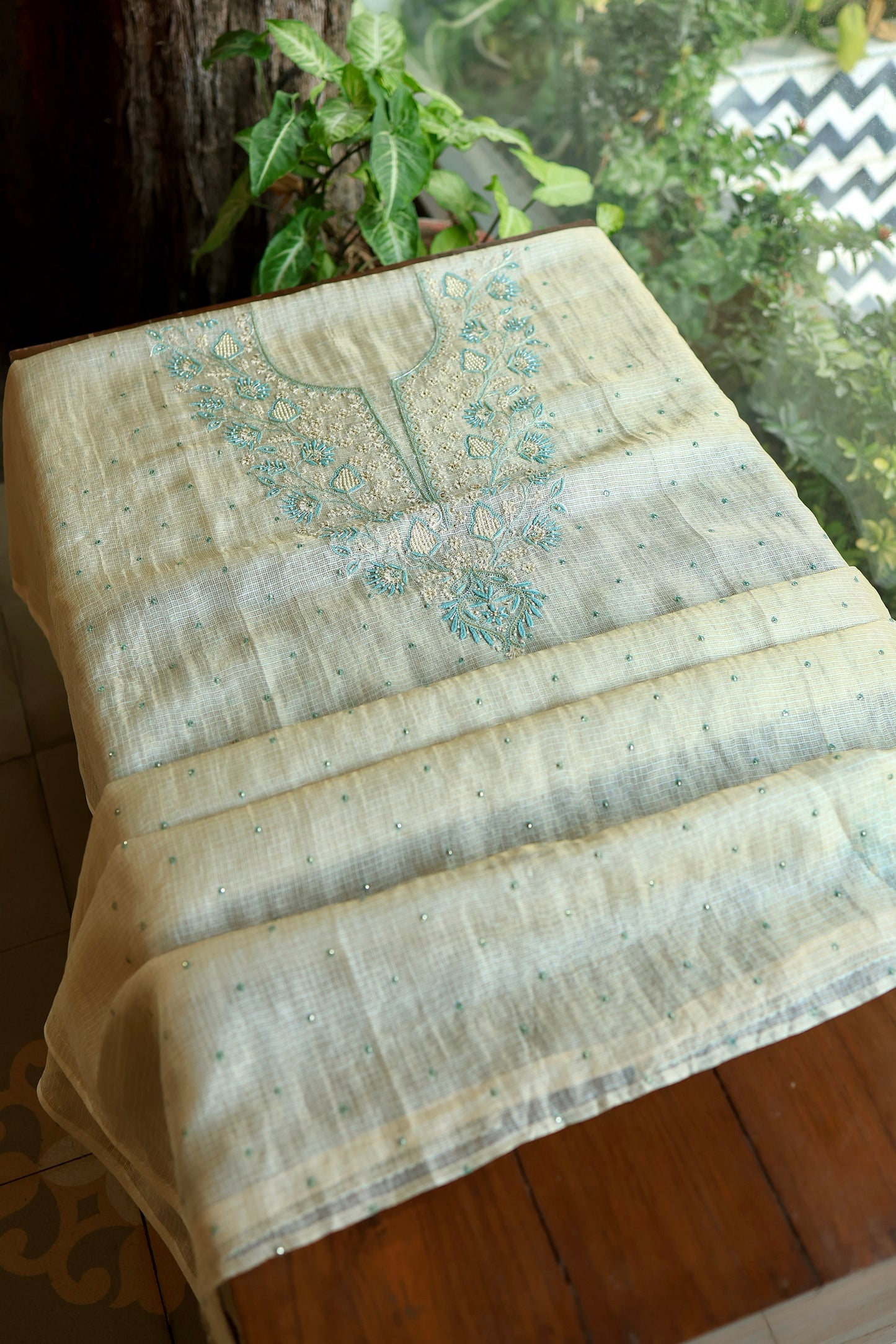 Beige & Blue Tissue Kota Chikankari Unstitched Fabric