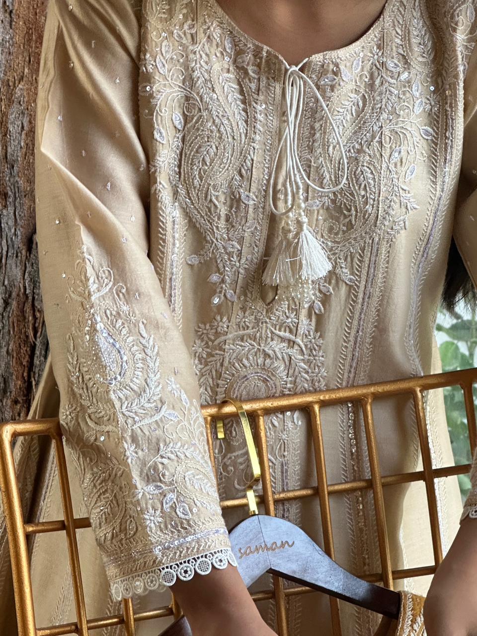 Beige Chanderi Chikankari Co-Ord Sets