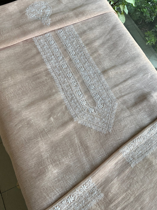 Pastel Beige Linen Chikankari Unstitched Men's Kurtas Fabric