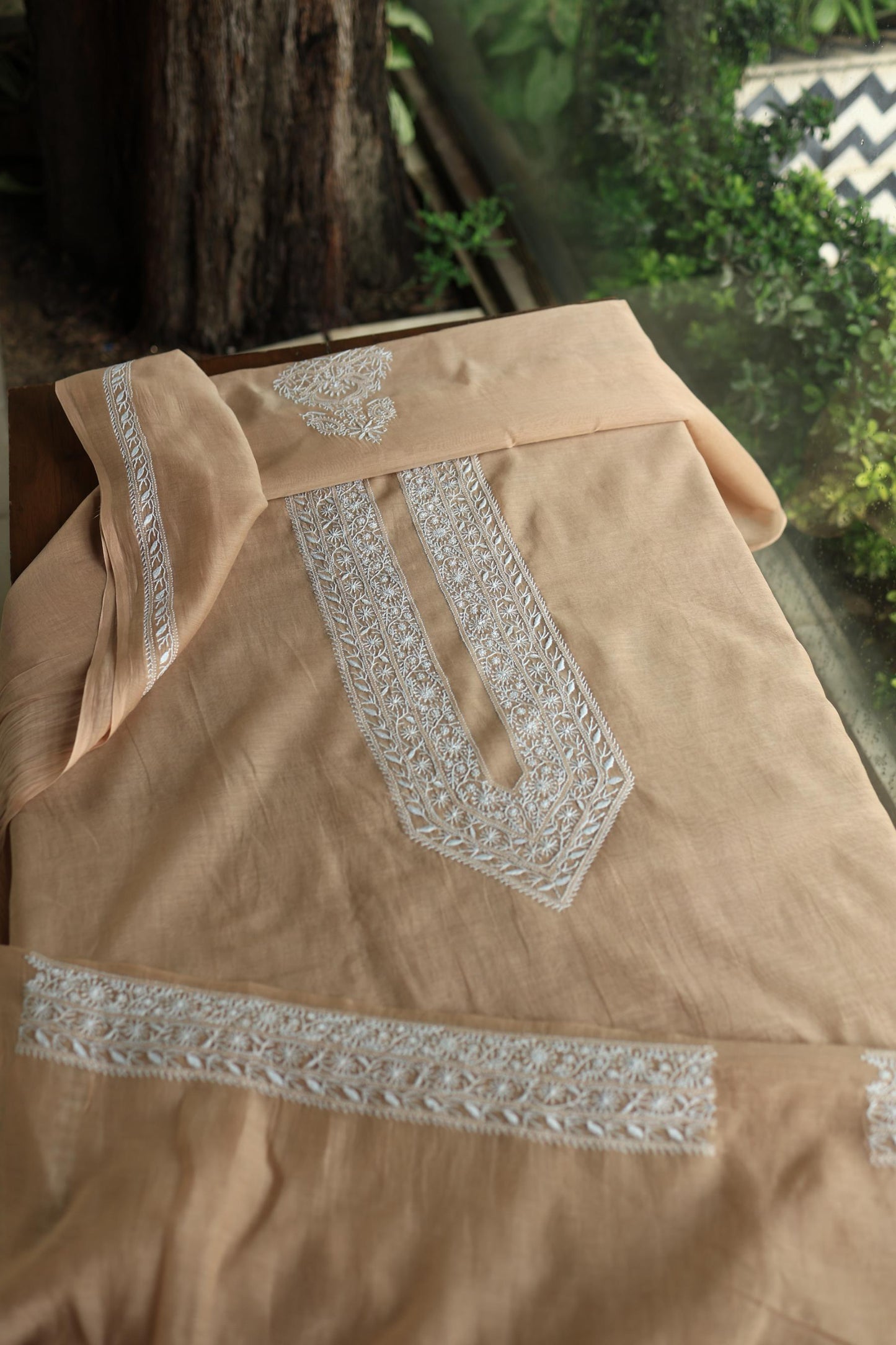 Mushroom Beige Shade Mulmul Chikankari Unstitched Men's Kurtas Fabric