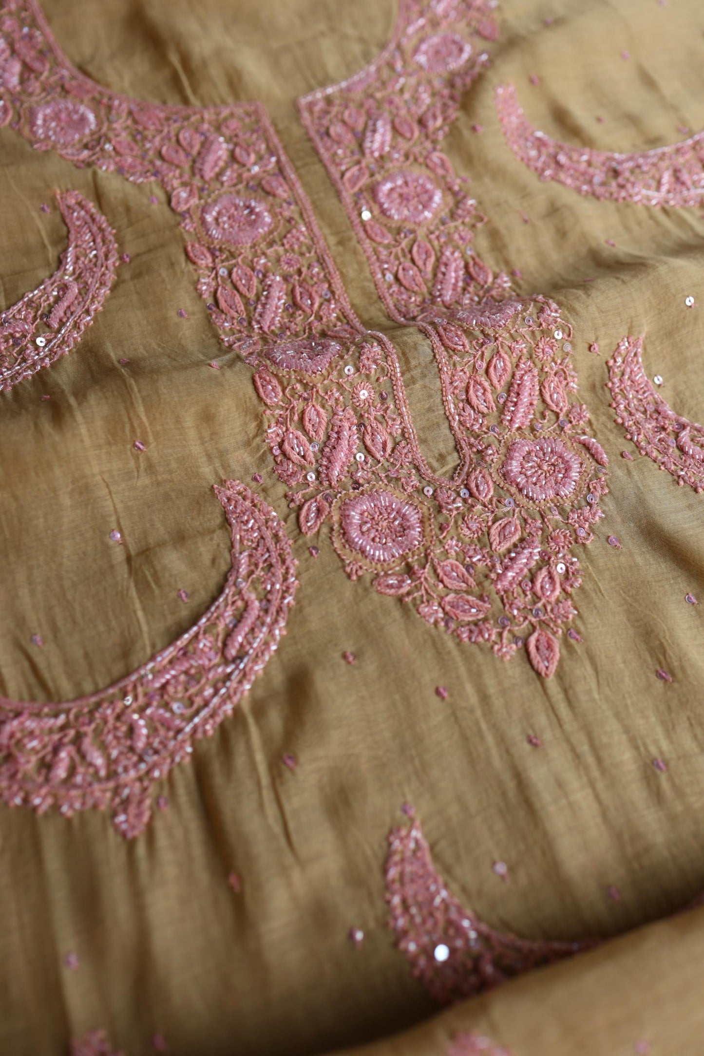 Beige & Pink Shade Crescent Chandbala Chikankari Unstitched Fabric