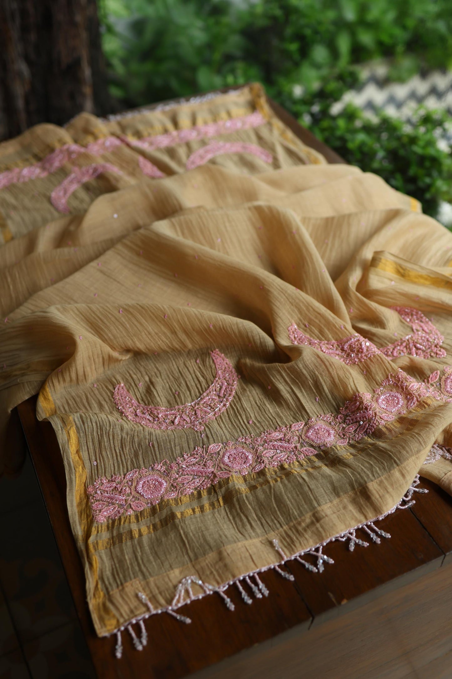 Beige & Pink Shade Crescent Chandbala Chikankari Unstitched Fabric
