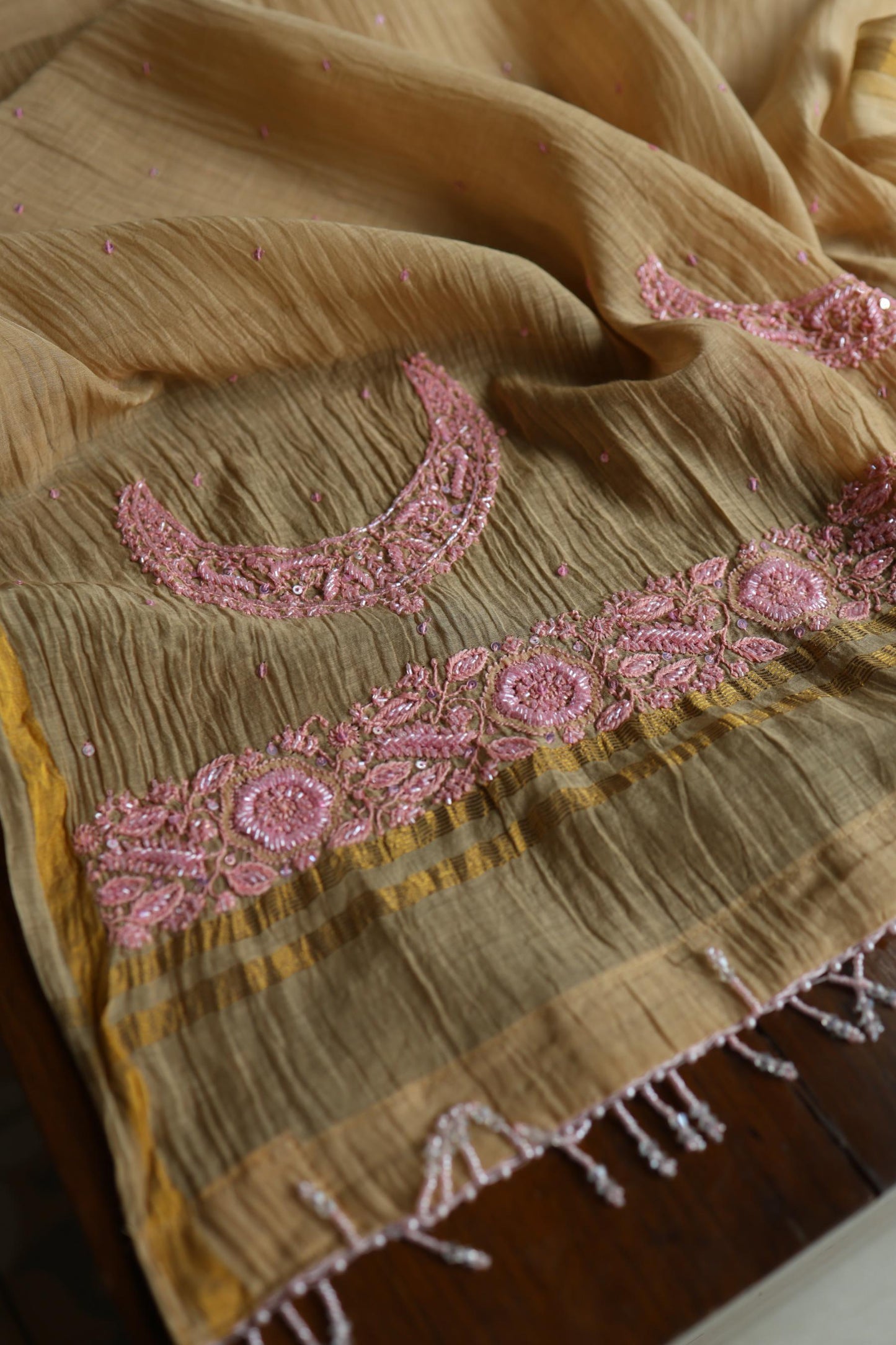 Beige & Pink Shade Crescent Chandbala Chikankari Unstitched Fabric
