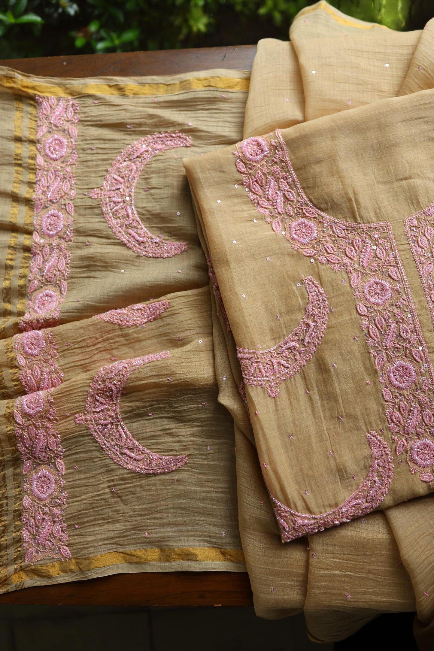 Beige & Pink Shade Crescent Chandbala Chikankari Unstitched Fabric