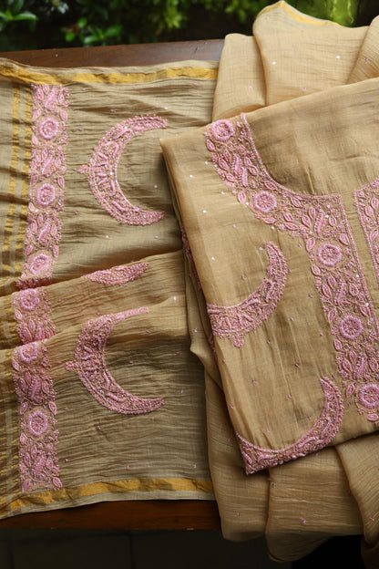 Beige & Pink Shade Crescent Chandbala Chikankari Unstitched Fabric