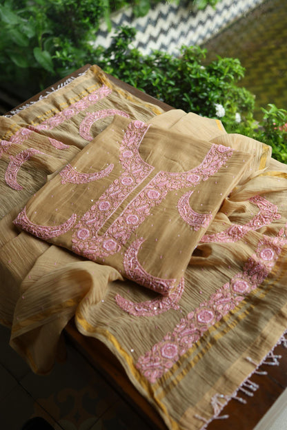 Beige & Pink Shade Crescent Chandbala Chikankari Unstitched Fabric
