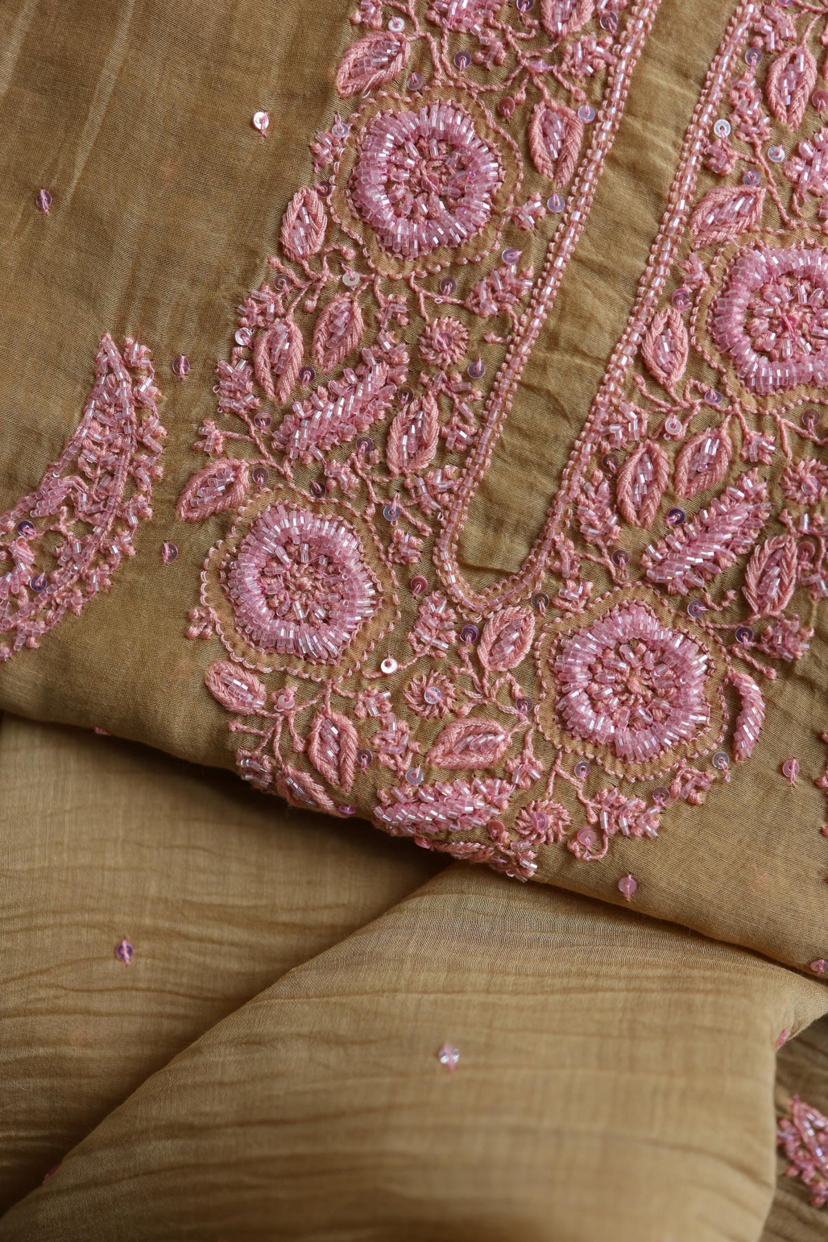 Beige & Pink Shade Crescent Chandbala Chikankari Unstitched Fabric