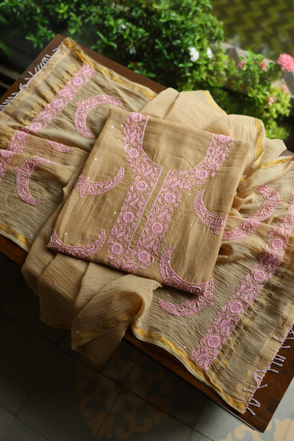 Beige & Pink Shade Crescent Chandbala Chikankari Unstitched Fabric
