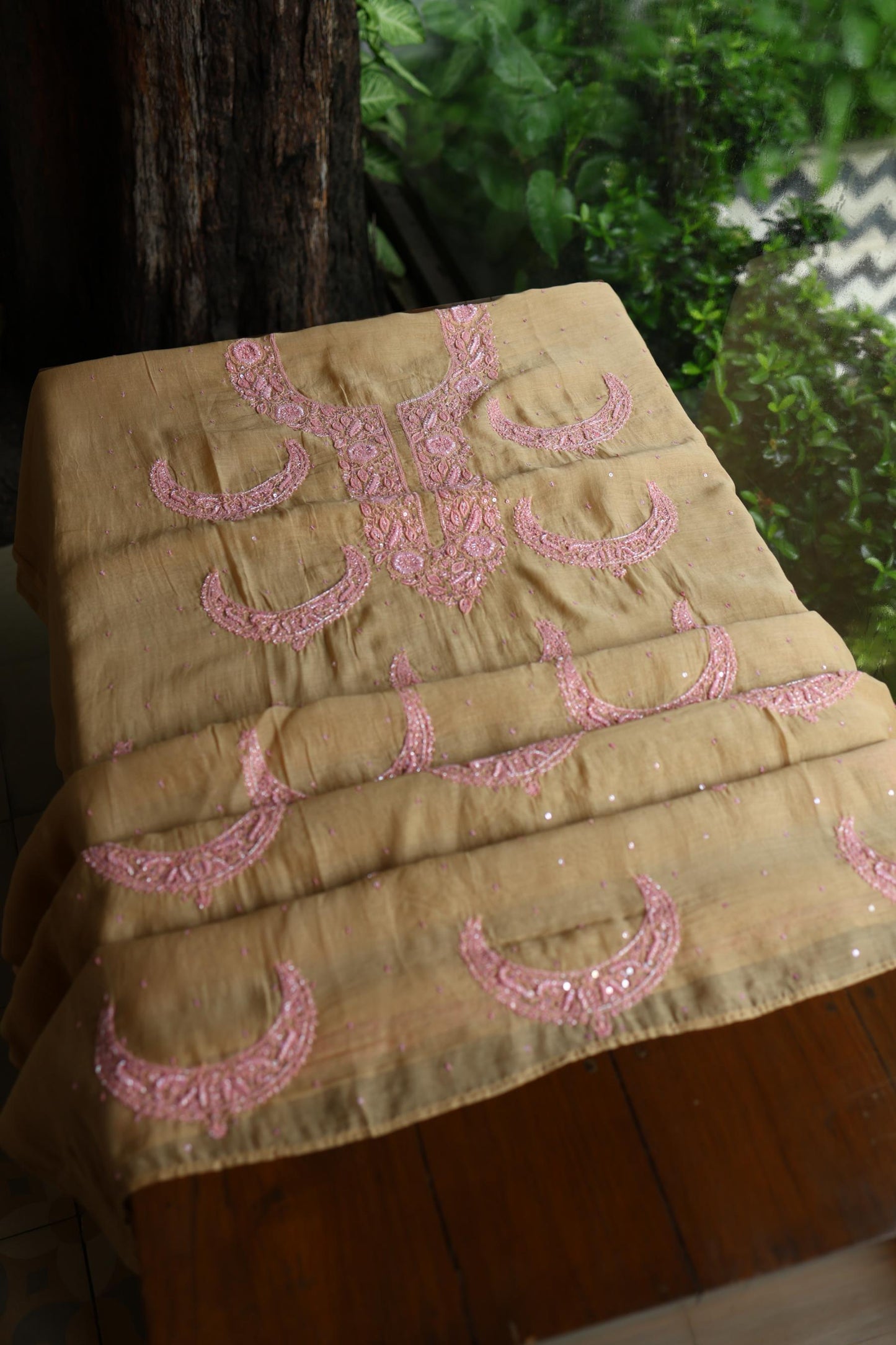 Beige & Pink Shade Crescent Chandbala Chikankari Unstitched Fabric