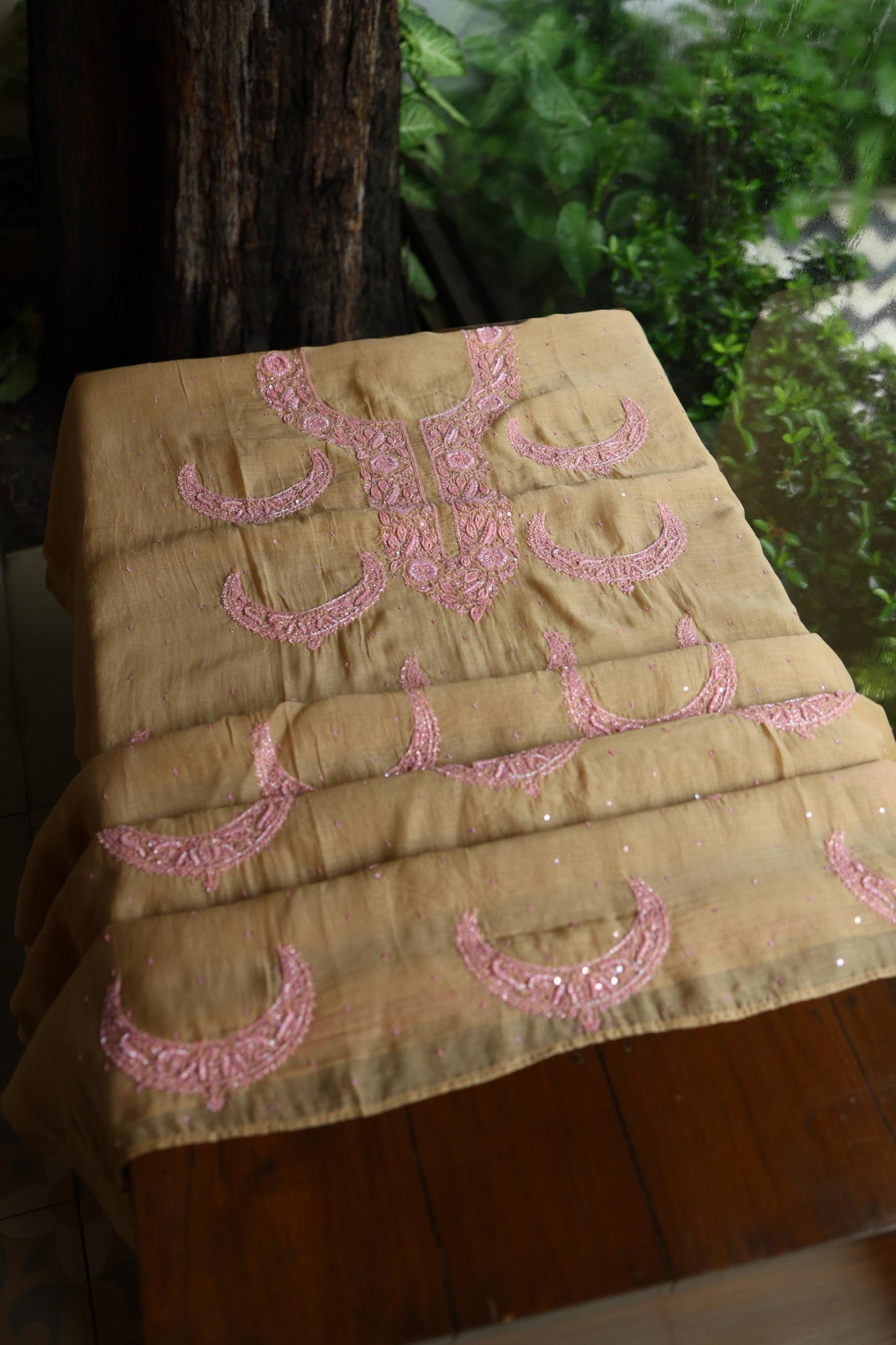 Beige & Pink Shade Crescent Chandbala Chikankari Unstitched Fabric