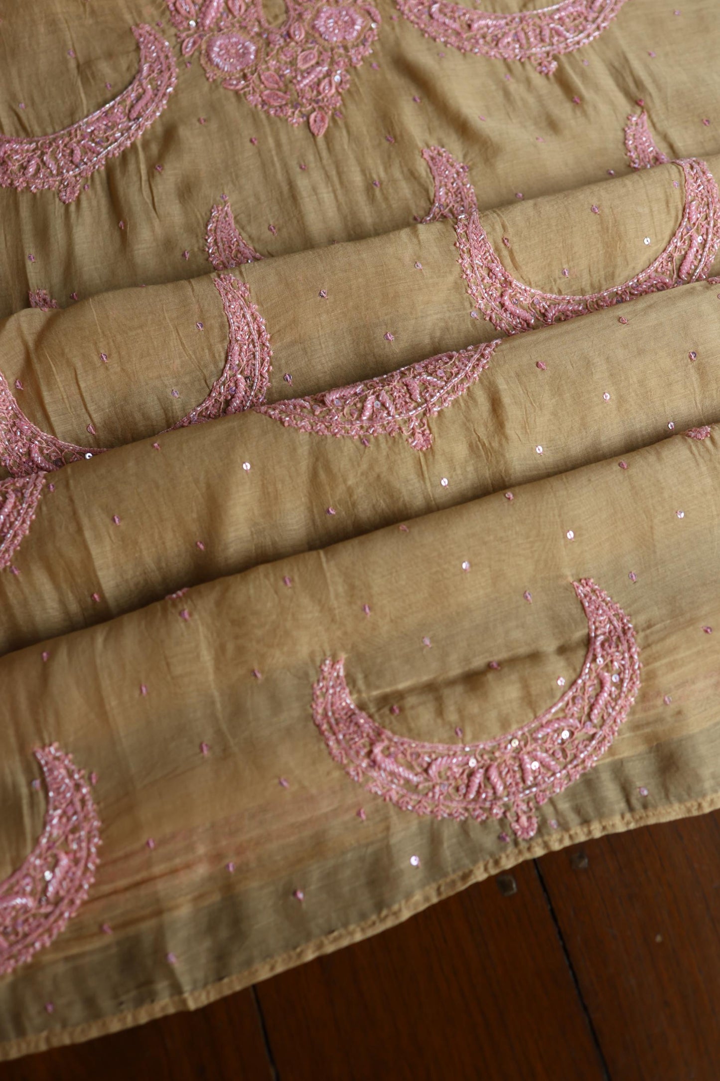 Beige & Pink Shade Crescent Chandbala Chikankari Unstitched Fabric