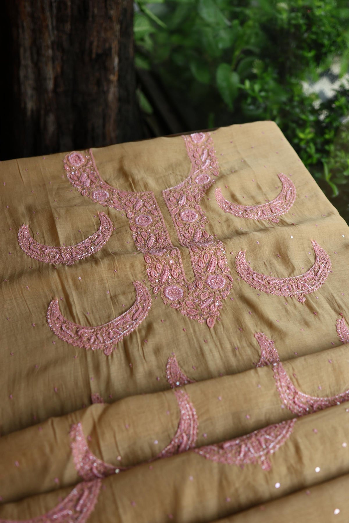 Beige & Pink Shade Crescent Chandbala Chikankari Unstitched Fabric