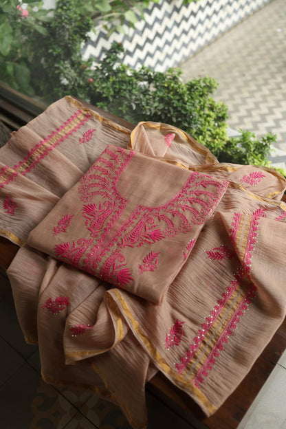 Beige & Pink Shade Mal Cotton Chikankari Unstitched Kurta Dupatta Fabric With Kamdani