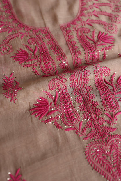 Beige & Pink Shade Mal Cotton Chikankari Unstitched Kurta Dupatta Fabric With Kamdani