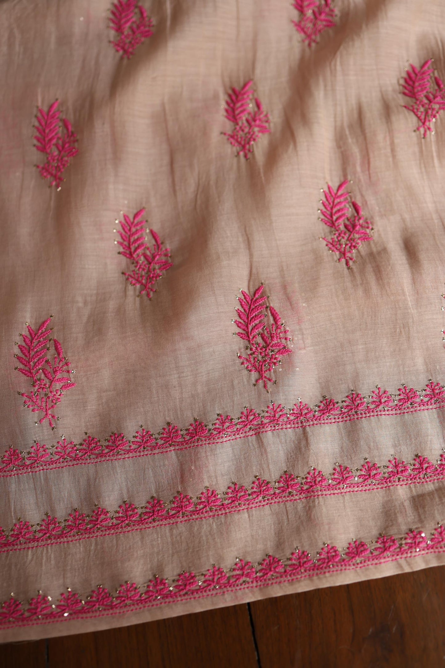 Beige & Pink Shade Mal Cotton Chikankari Unstitched Kurta Dupatta Fabric With Kamdani