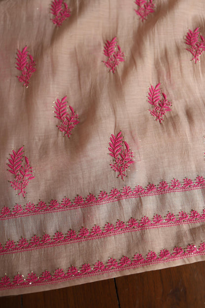 Beige & Pink Shade Mal Cotton Chikankari Unstitched Kurta Dupatta Fabric With Kamdani