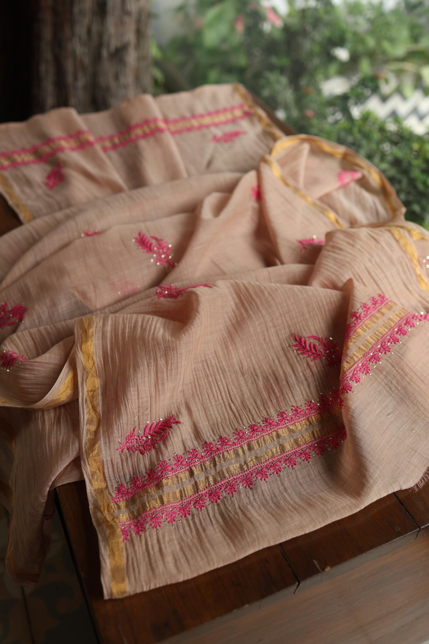 Beige & Pink Shade Mal Cotton Chikankari Unstitched Kurta Dupatta Fabric With Kamdani