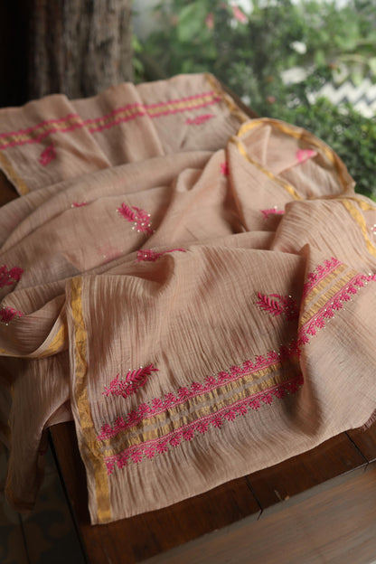 Beige & Pink Shade Mal Cotton Chikankari Unstitched Kurta Dupatta Fabric With Kamdani