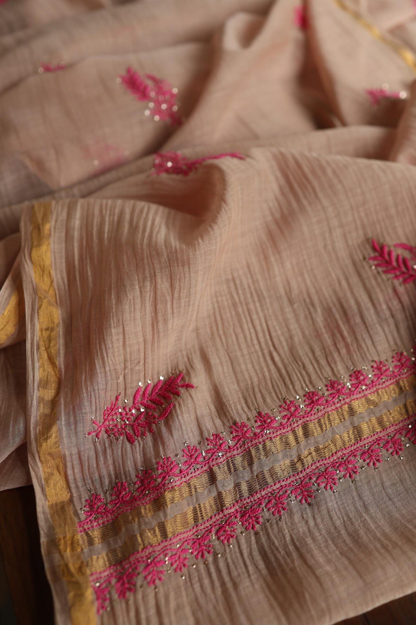 Beige & Pink Shade Mal Cotton Chikankari Unstitched Kurta Dupatta Fabric With Kamdani