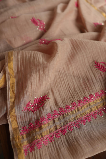 Beige & Pink Shade Mal Cotton Chikankari Unstitched Kurta Dupatta Fabric With Kamdani