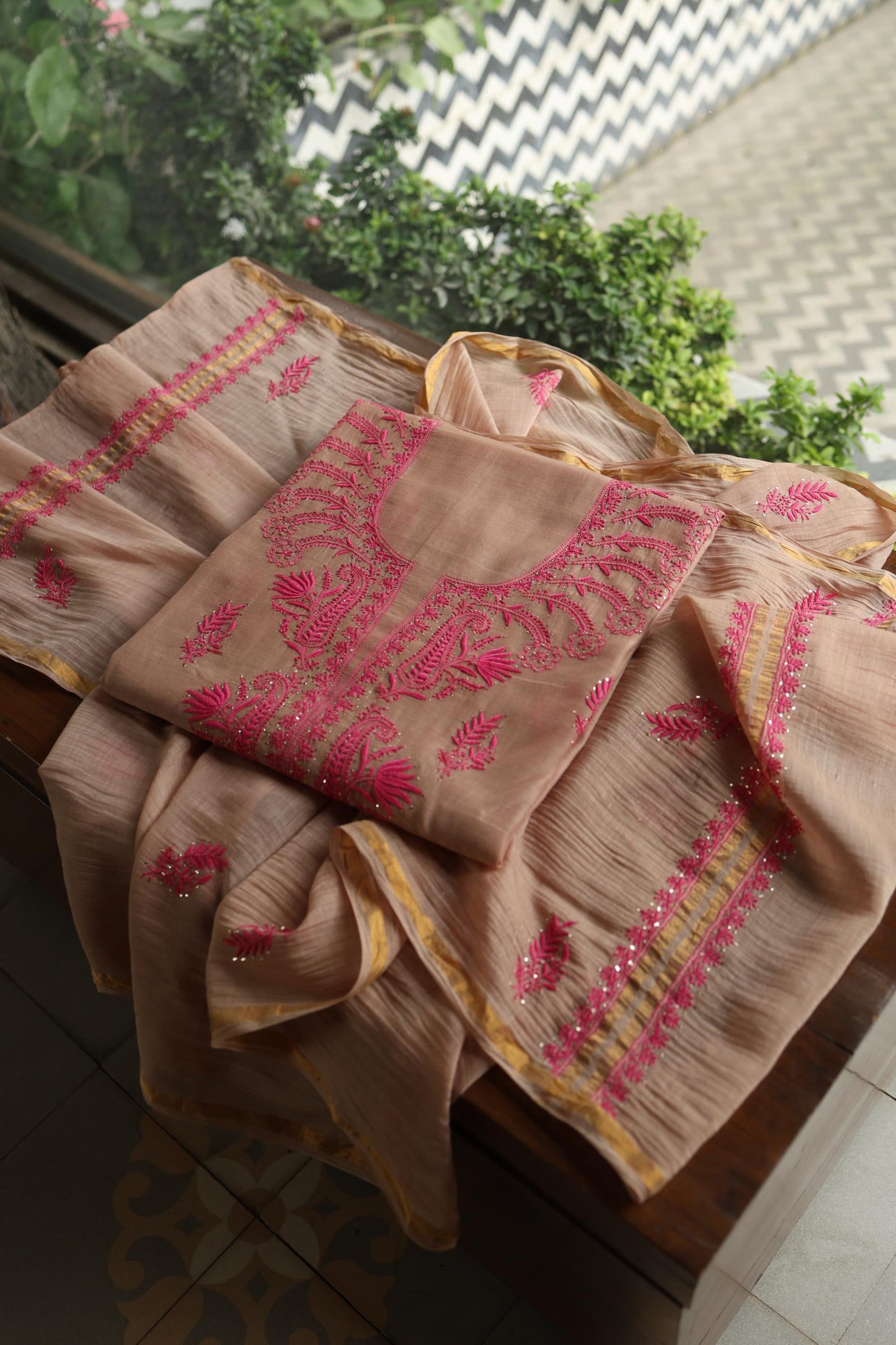 Beige & Pink Shade Mal Cotton Chikankari Unstitched Kurta Dupatta Fabric With Kamdani