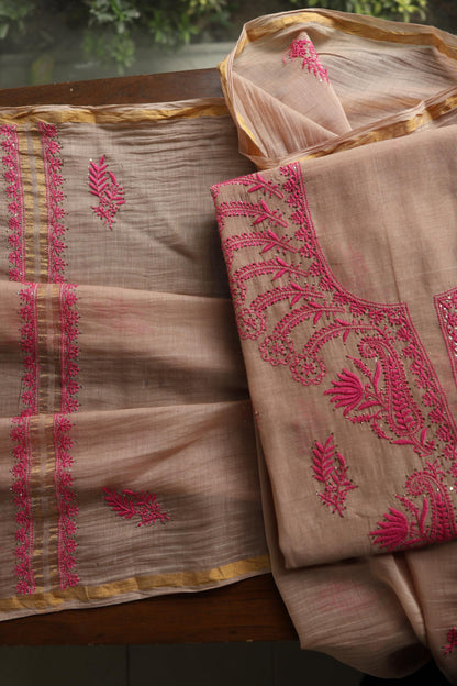Beige & Pink Shade Mal Cotton Chikankari Unstitched Kurta Dupatta Fabric With Kamdani