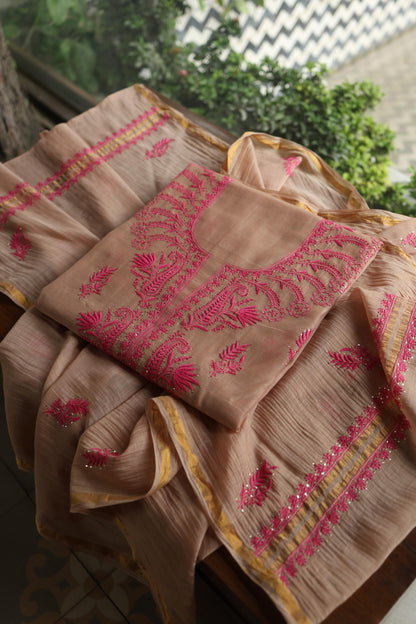 Beige & Pink Shade Mal Cotton Chikankari Unstitched Kurta Dupatta Fabric With Kamdani